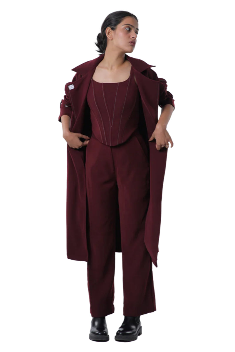 TRENCH COAT WITH KNOTTY CORSET PAIRED UP WITH HIGH WAISTED PANTS