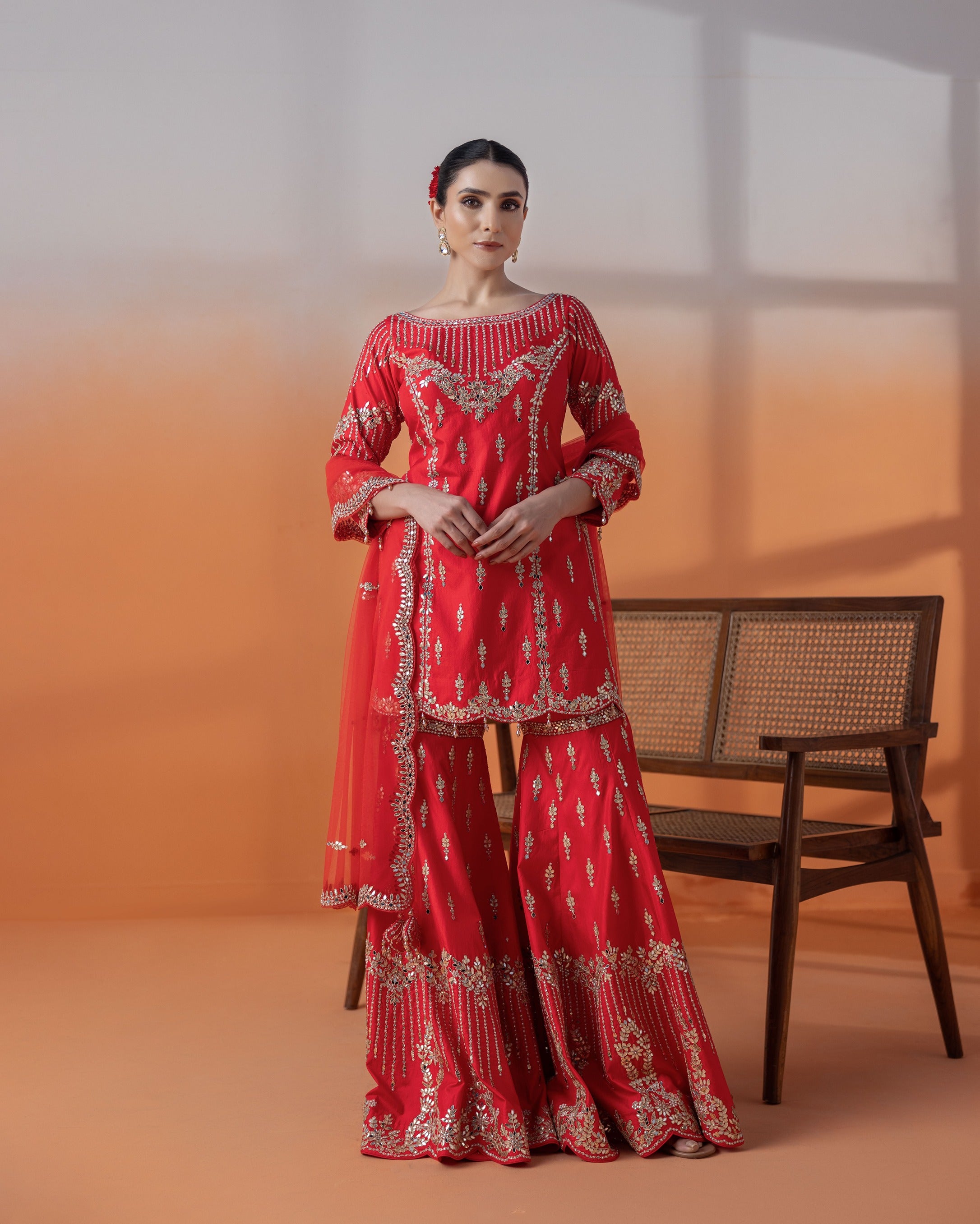 Red Gota Patti & Kundan Gharara Set