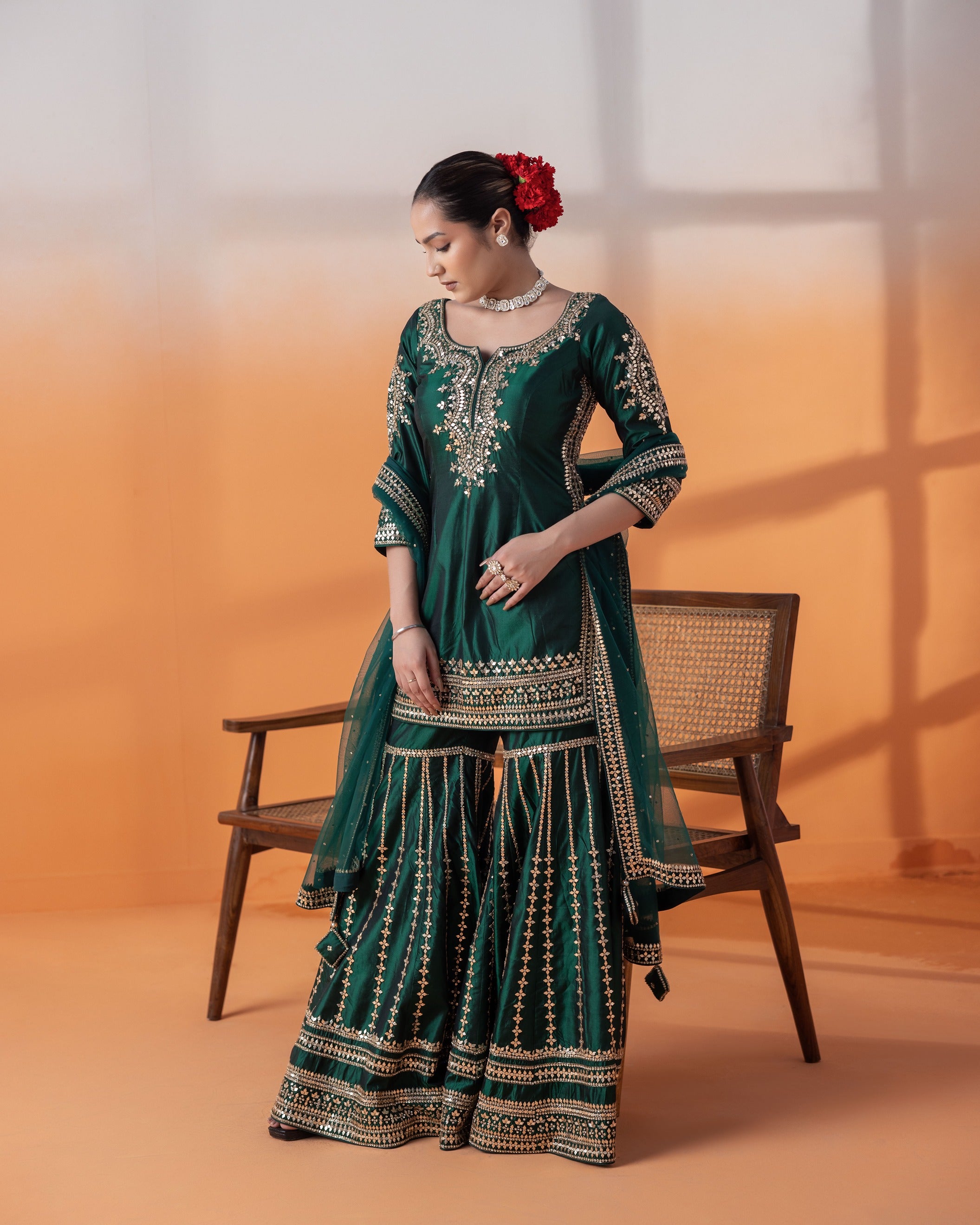 Bottle Green Cut Dana Gharara Set
