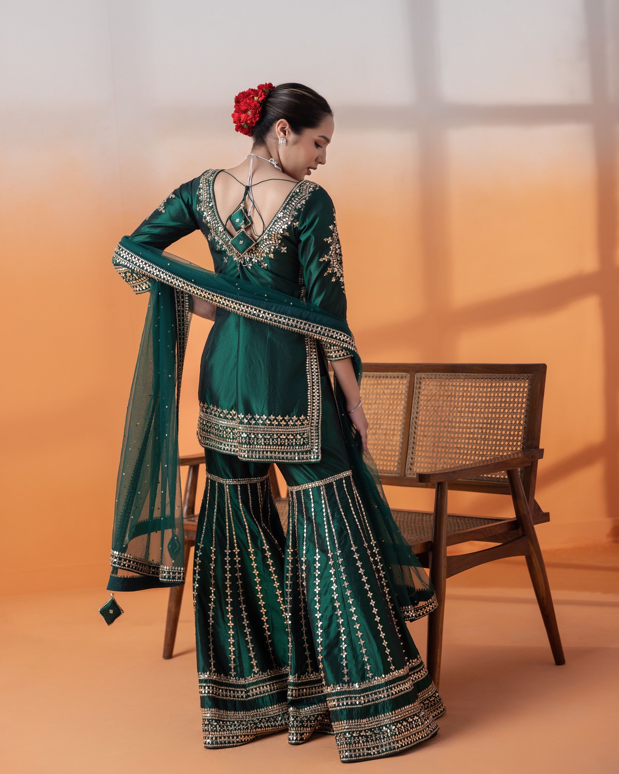 Bottle Green Cut Dana Gharara Set