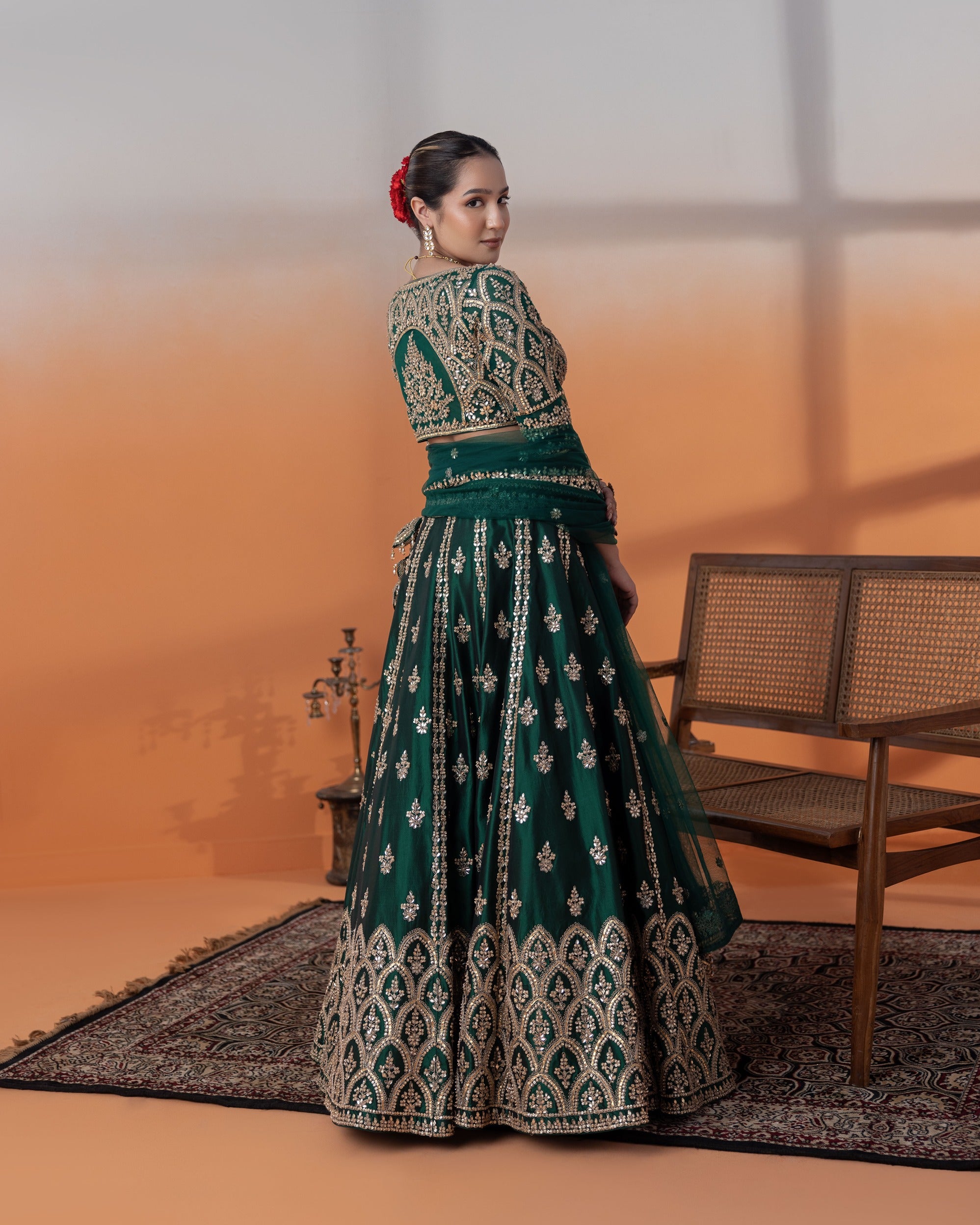 Bottle Green Kundan Crop Top & Skirt Set