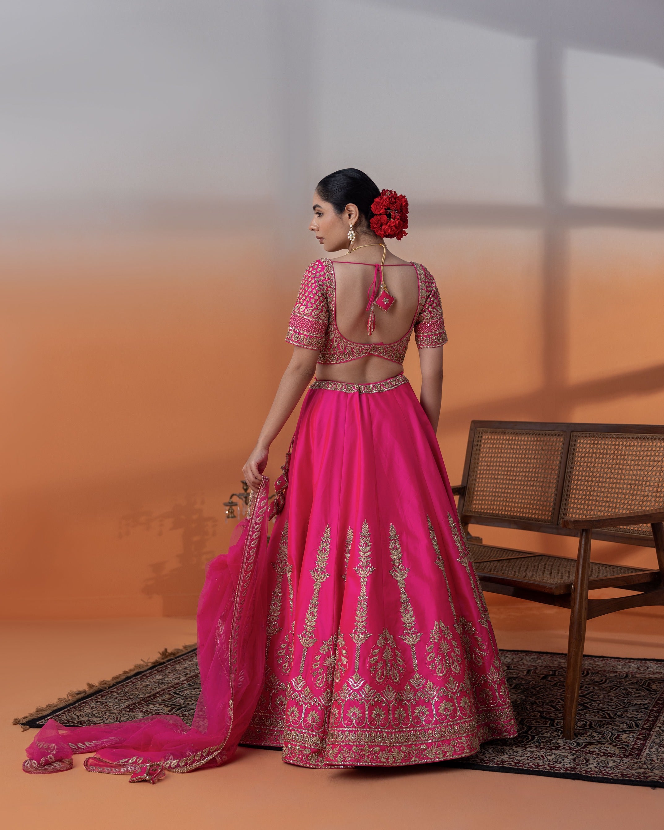 Hot Pink Zari & Crystal Crop Top Set