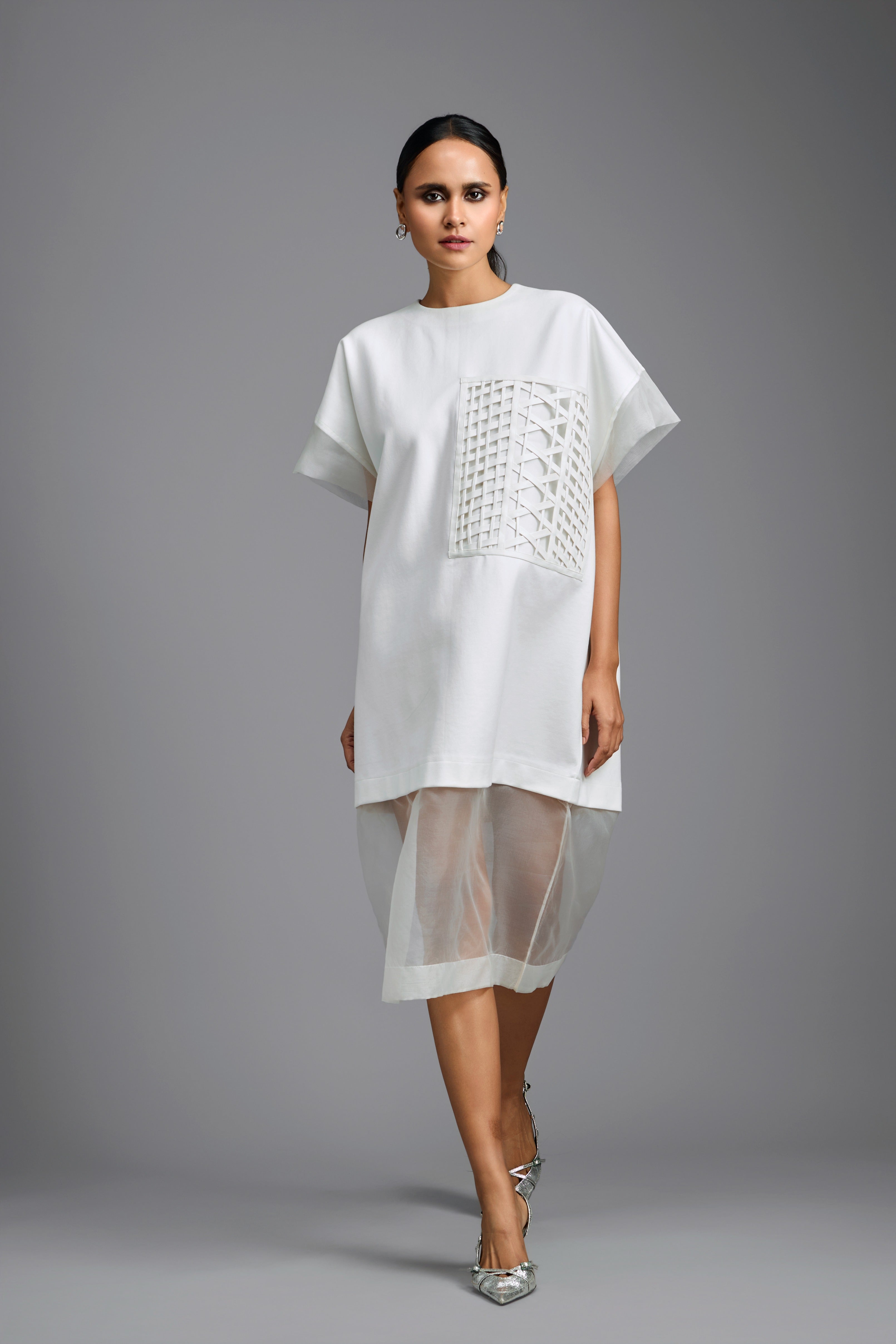 White Oversized Dress with Sheer Hem Detail