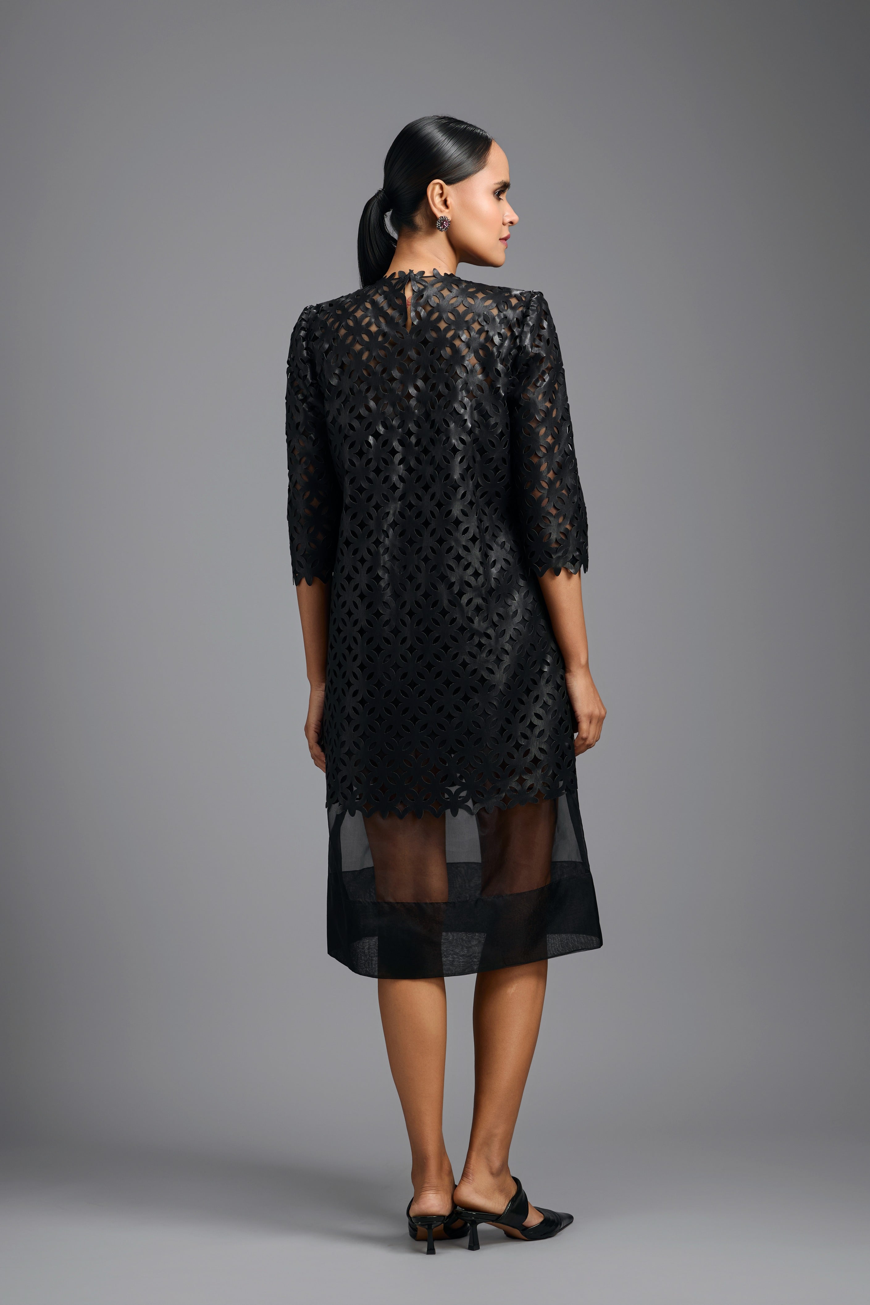 Black Laser-Cut Dress with Sheer Hem