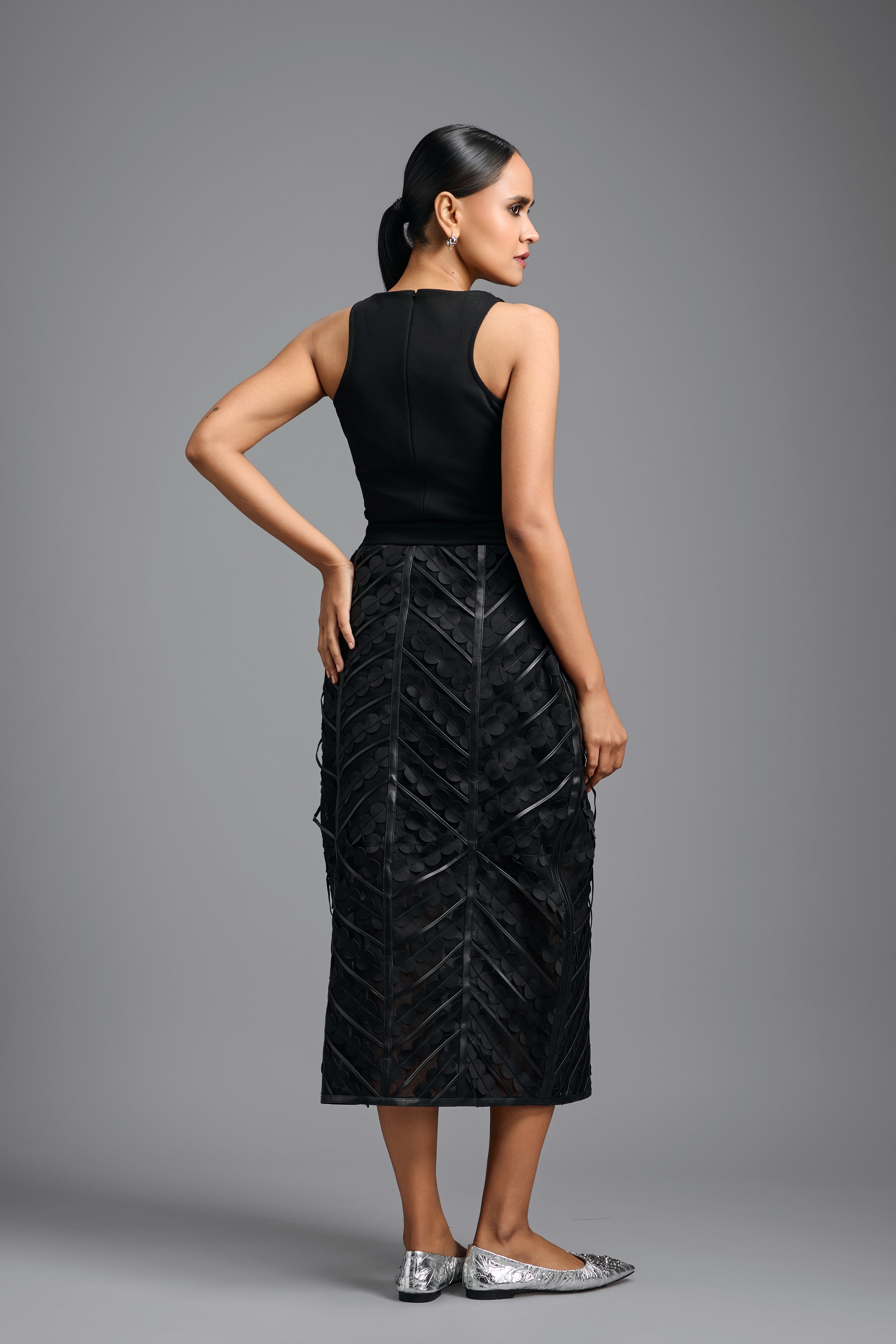Black Midi Skirt with Geometric Panels