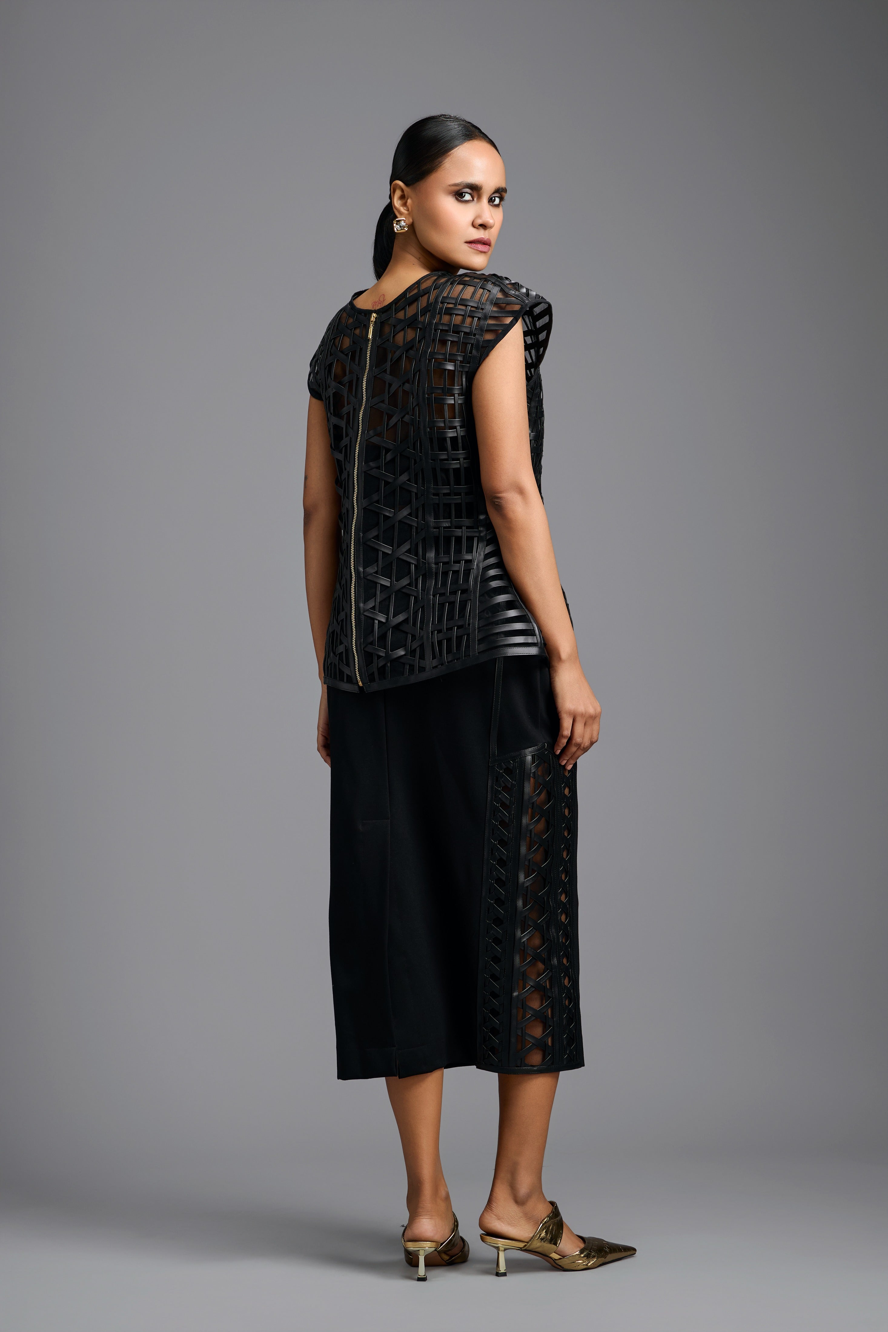 Black Lattice Panel Midi Skirt