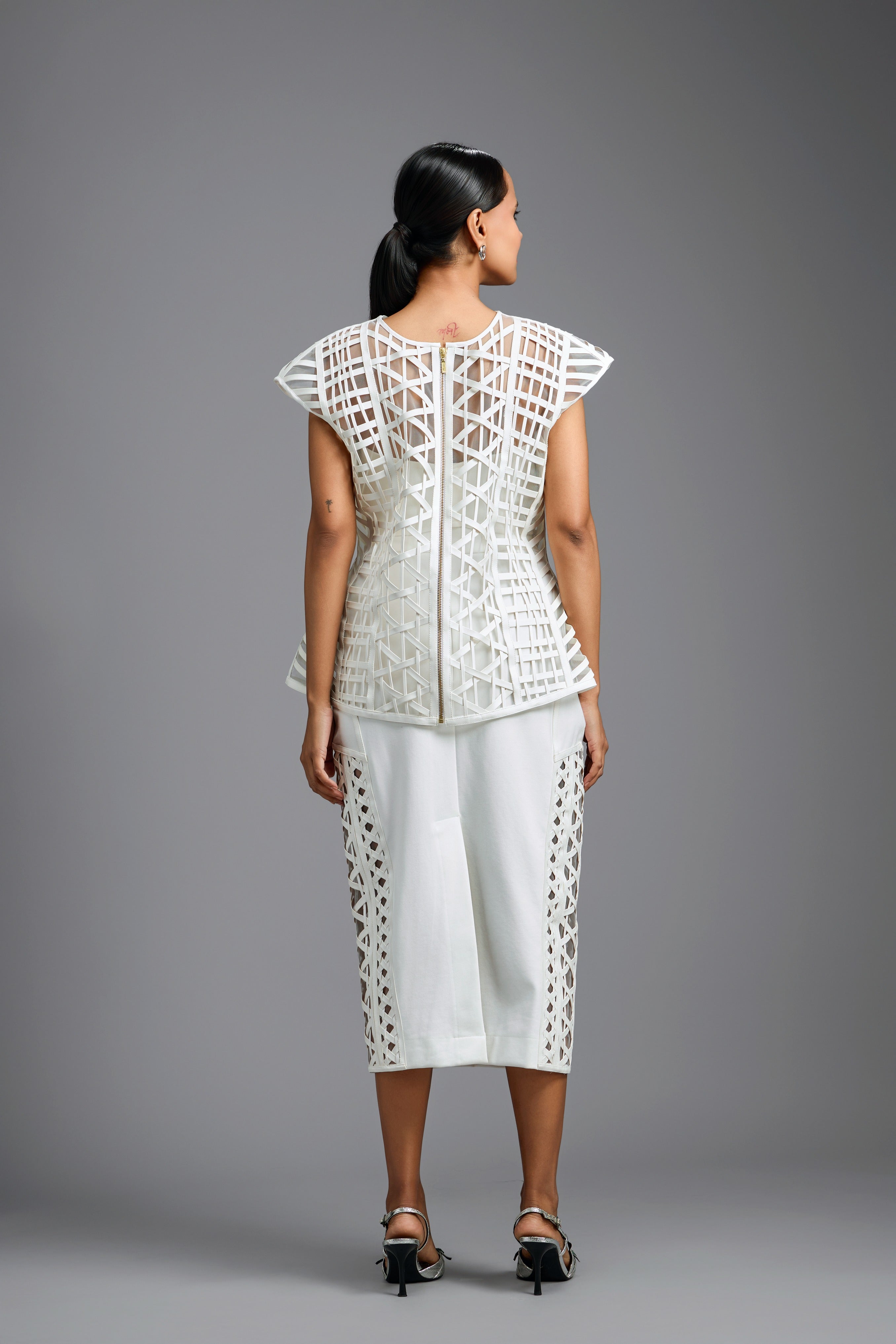White Lattice Panel Midi Skirt