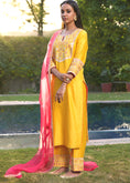 Load image into Gallery viewer, Yellow Pink Hand Embroidered Silk Kurta Set
