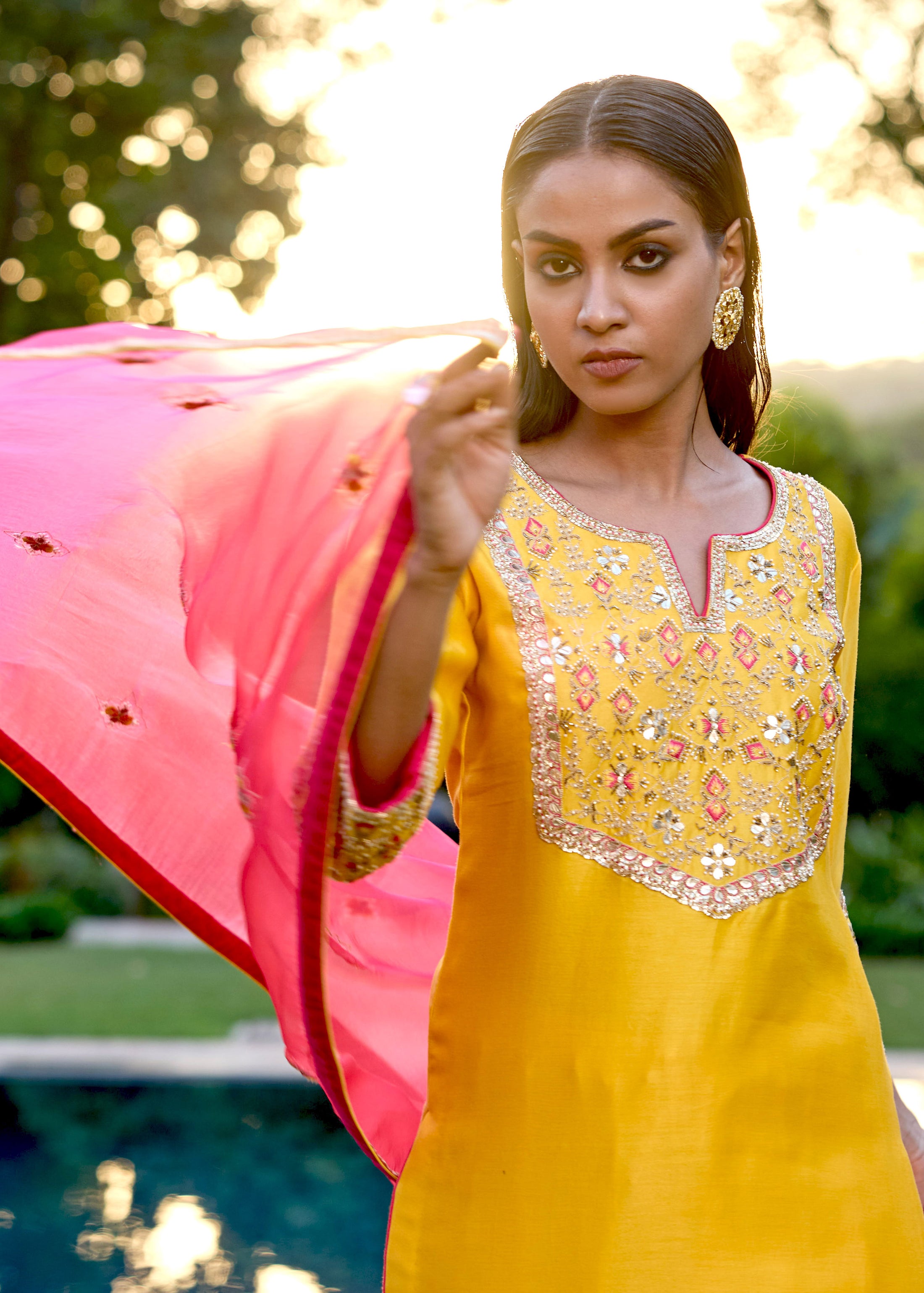 Yellow Pink Hand Embroidered Silk Kurta Set