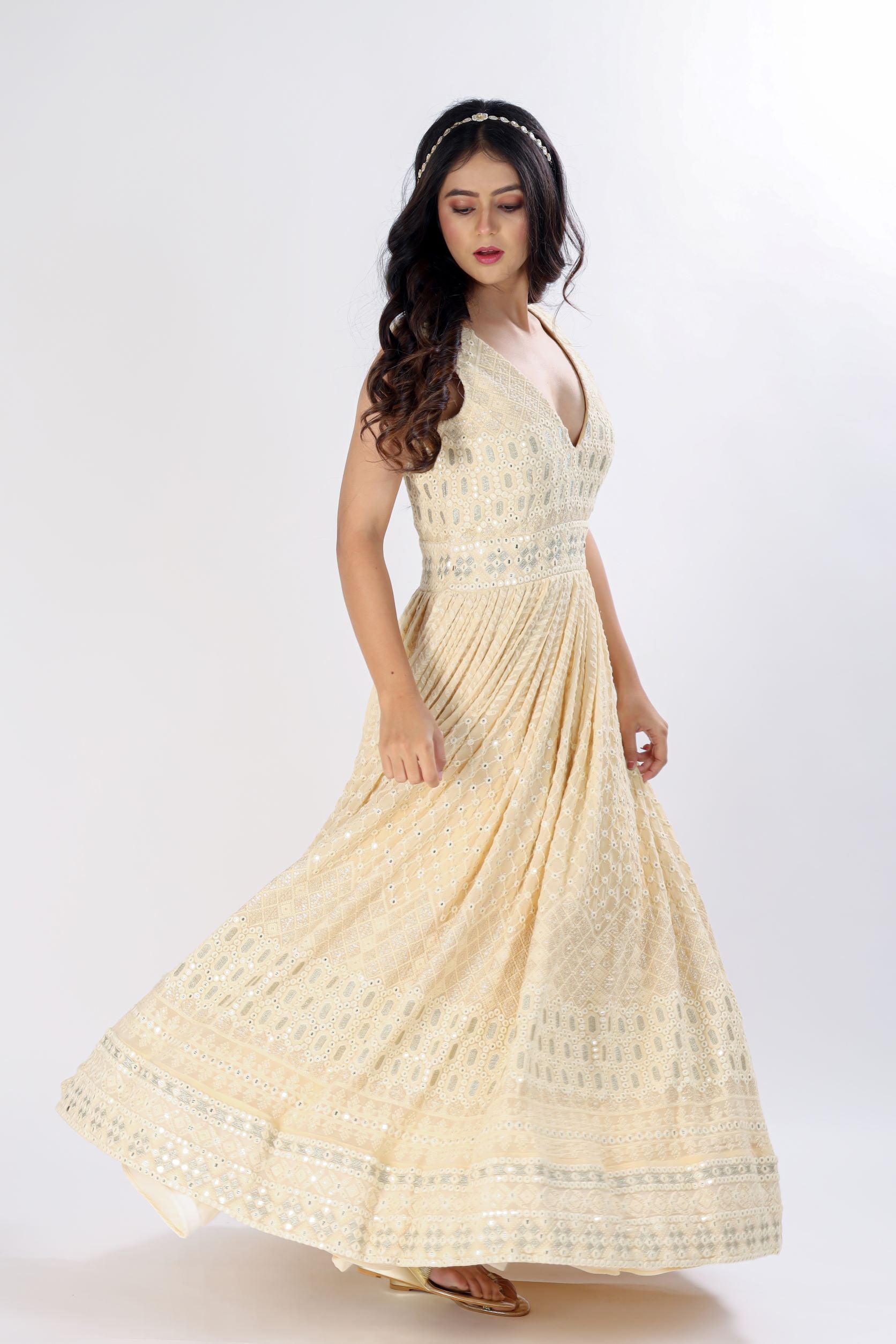 Elegant Self-Embroidered Lucknowi Gown