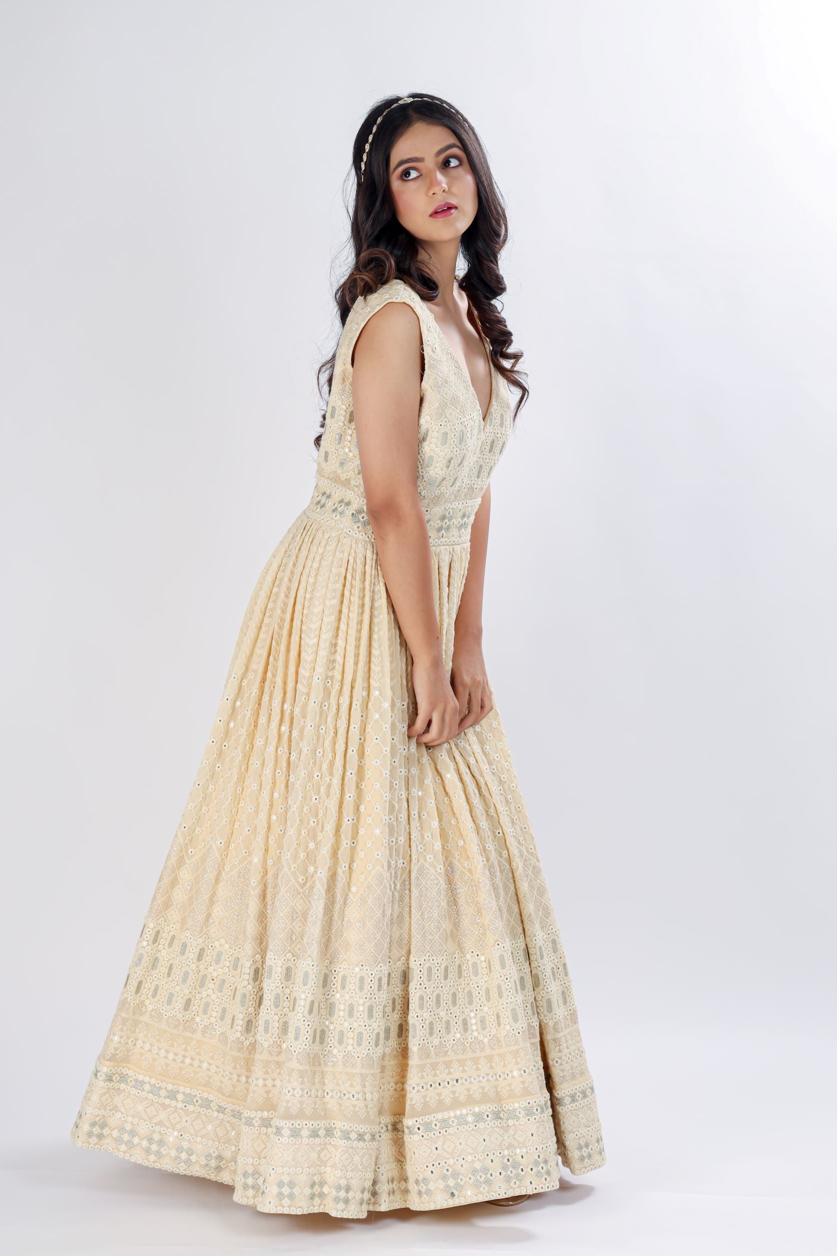Elegant Self-Embroidered Lucknowi Gown