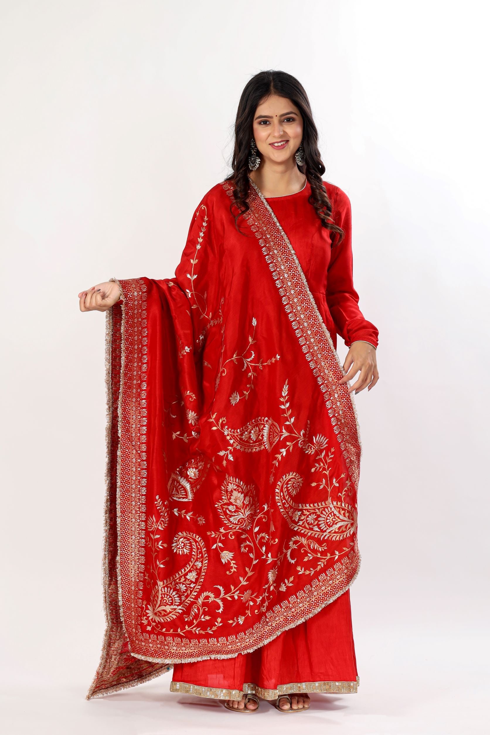 Red Anarkali Suit Set With Heavy Banarasi Dupatta
