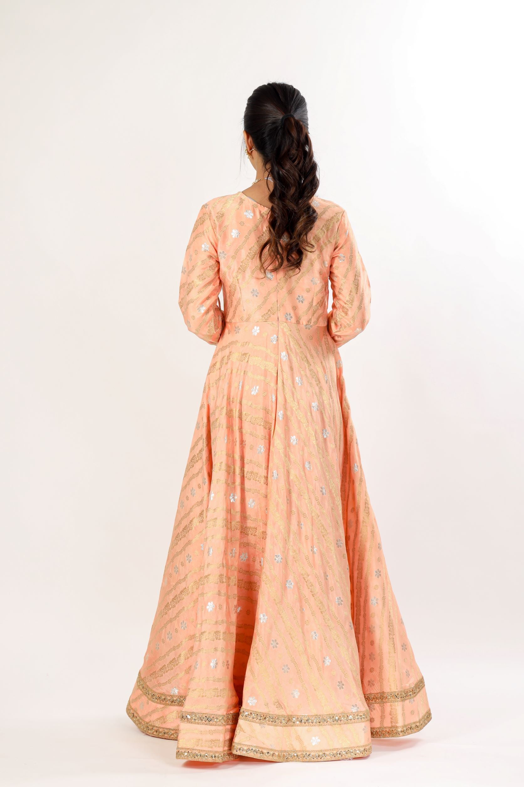 Peach And Gold Angarkha Gown With Tassels Attached
