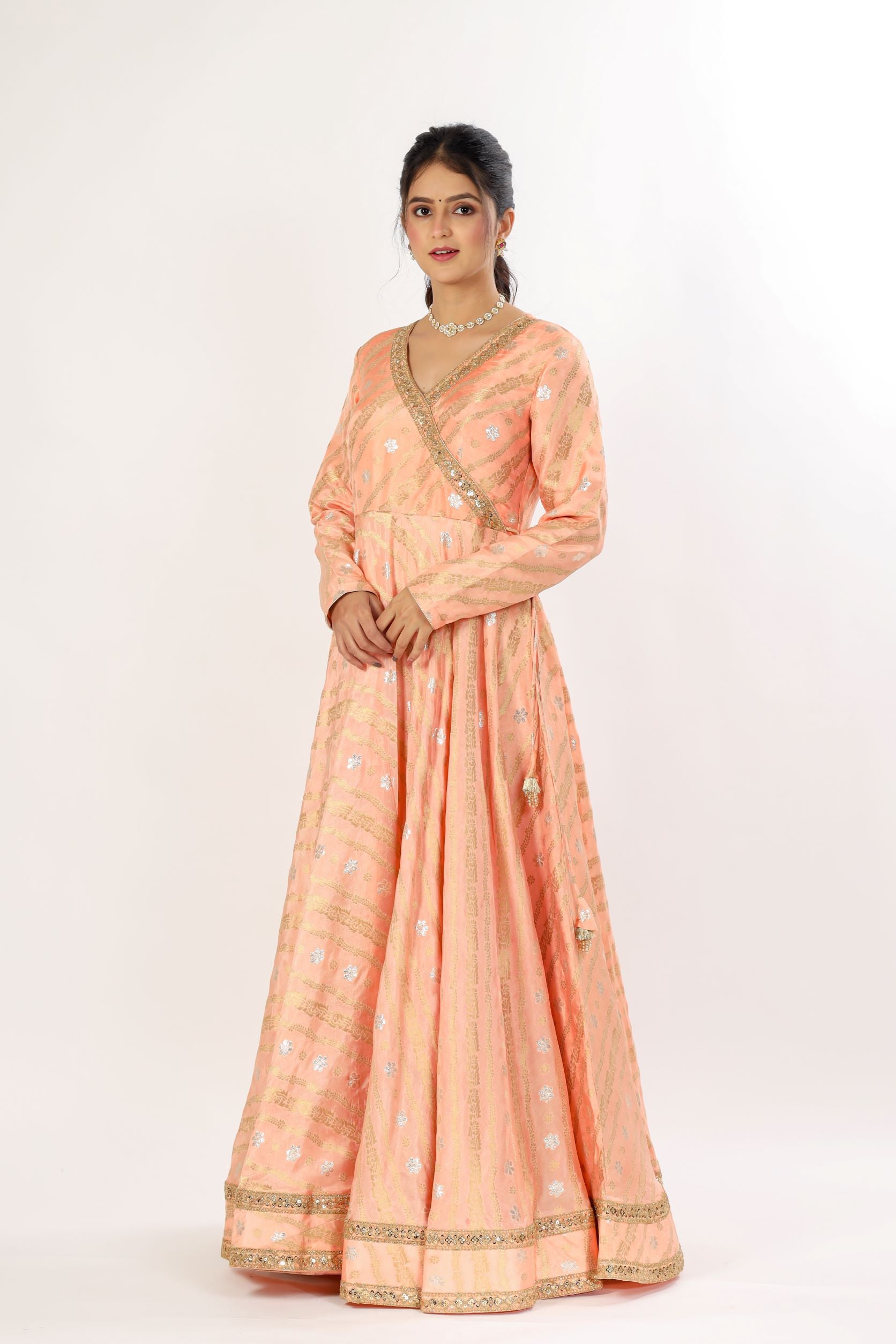 Peach And Gold Angarkha Gown With Tassels Attached
