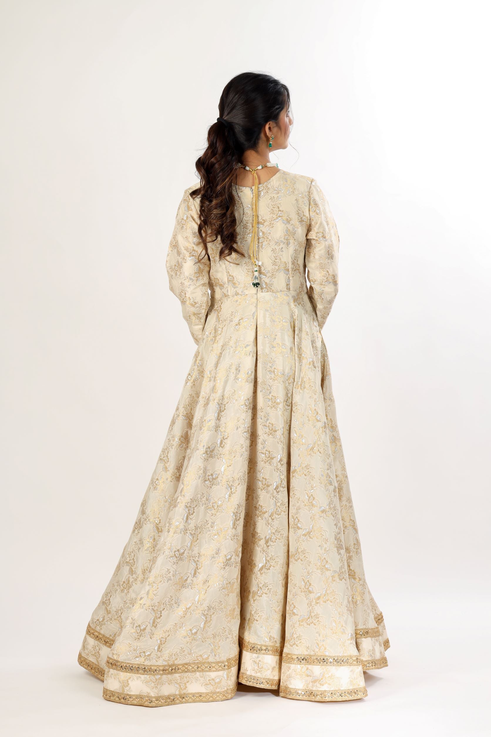 Ivory Angarkha Gown In Banarasi Weaves