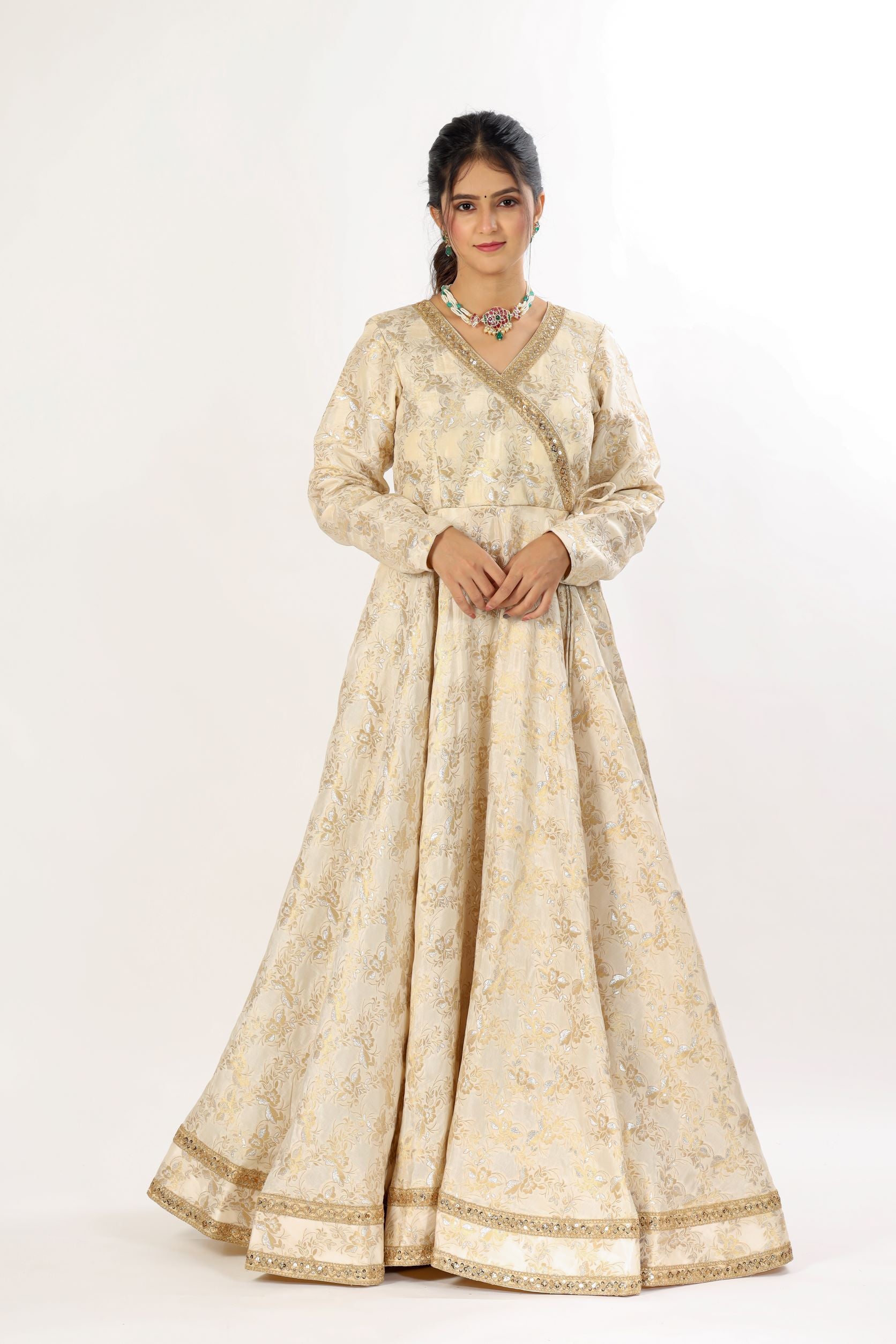 Ivory Angarkha Gown In Banarasi Weaves
