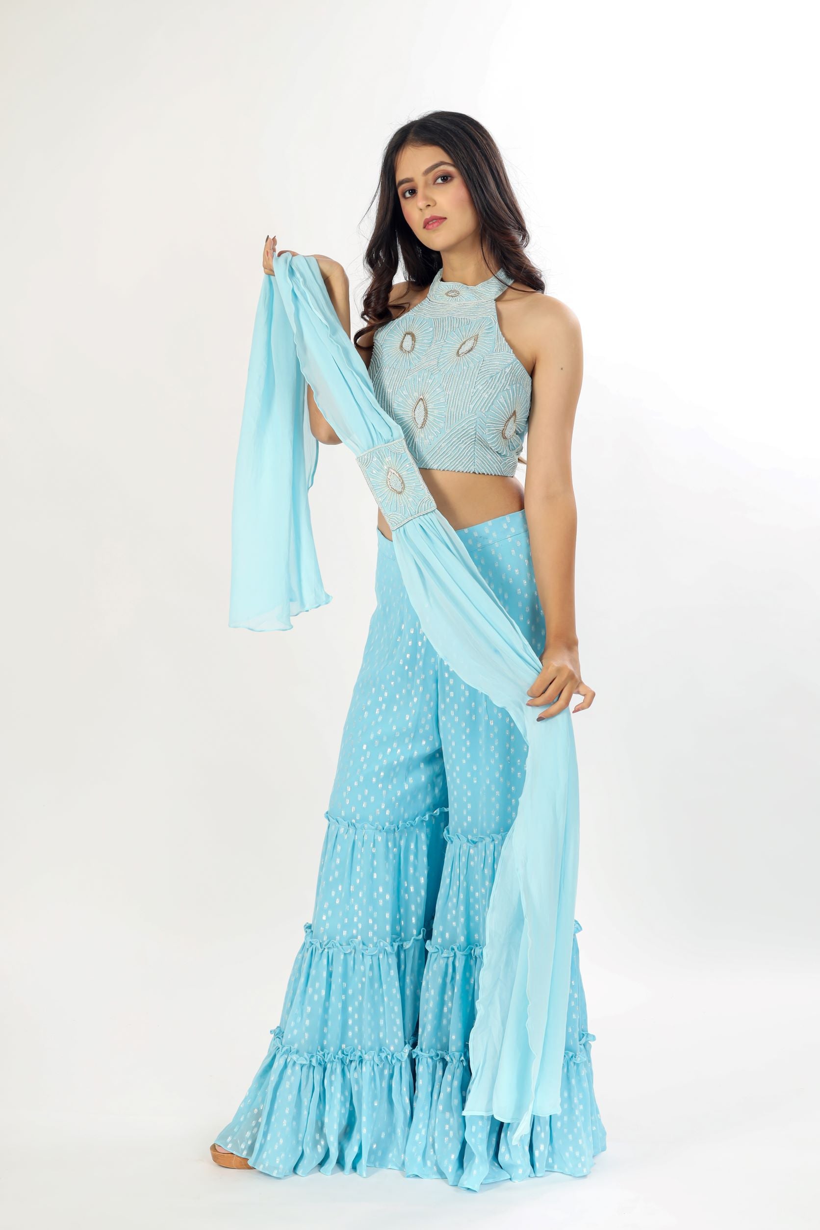 Sky Blue Tired Sharara Suit Set