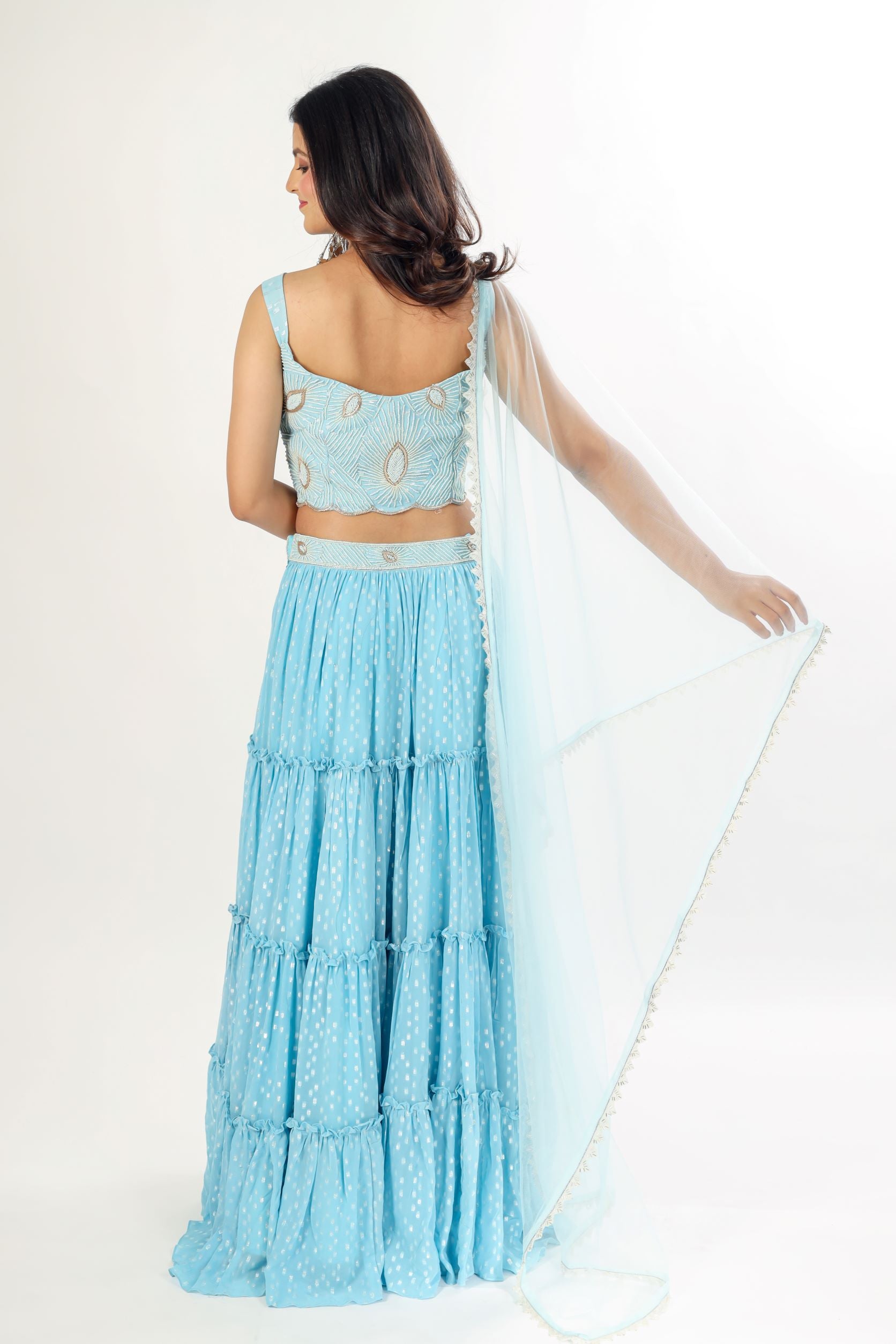 Blue Tiered Lehenga With Handwork Bluse And Dupatta