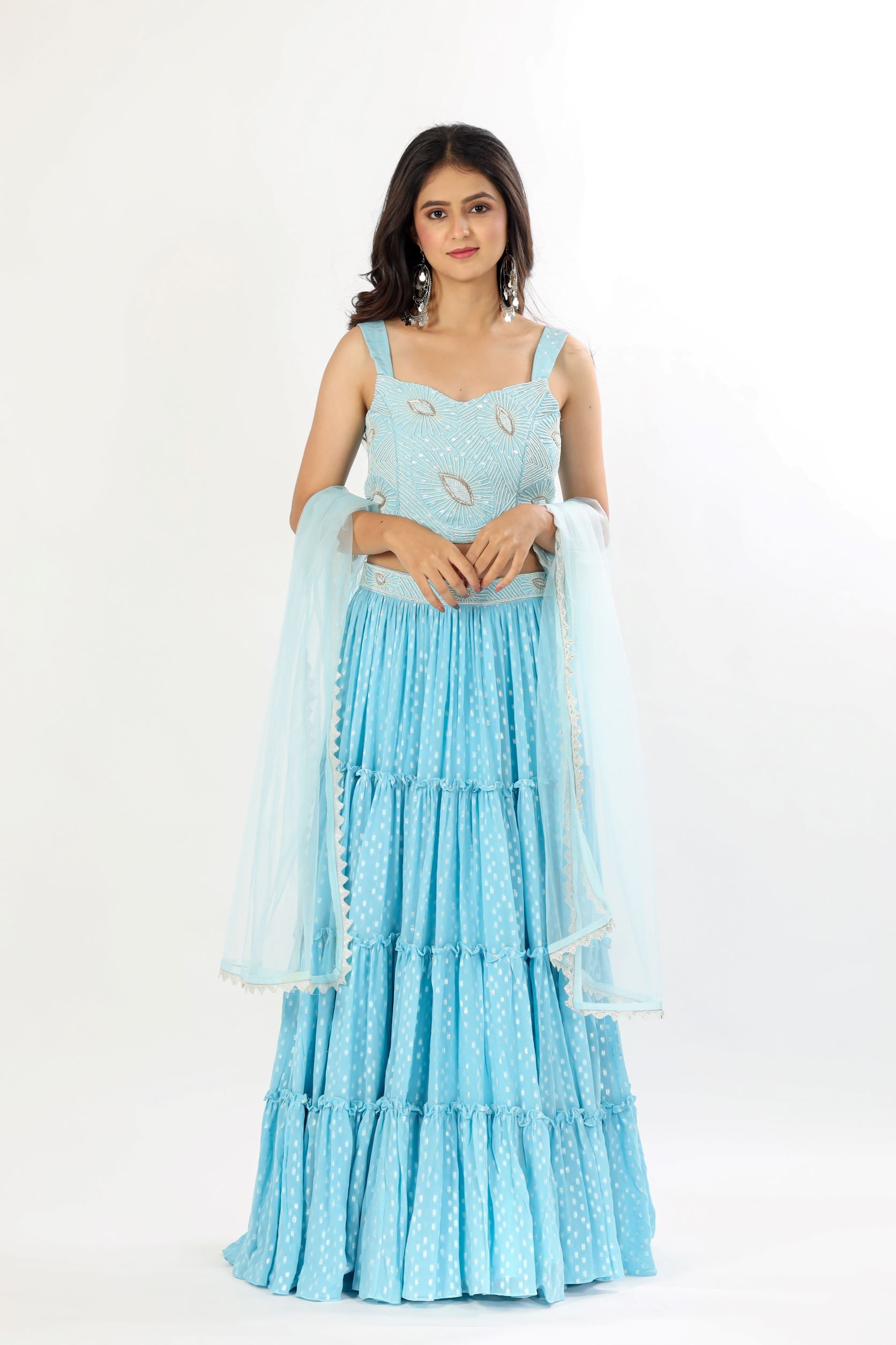 Blue Tiered Lehenga With Handwork Bluse And Dupatta