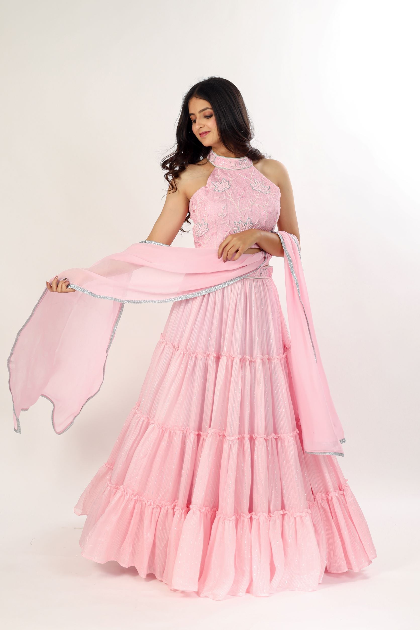 Pink Lehanga Choli With Handwork Blouse.
