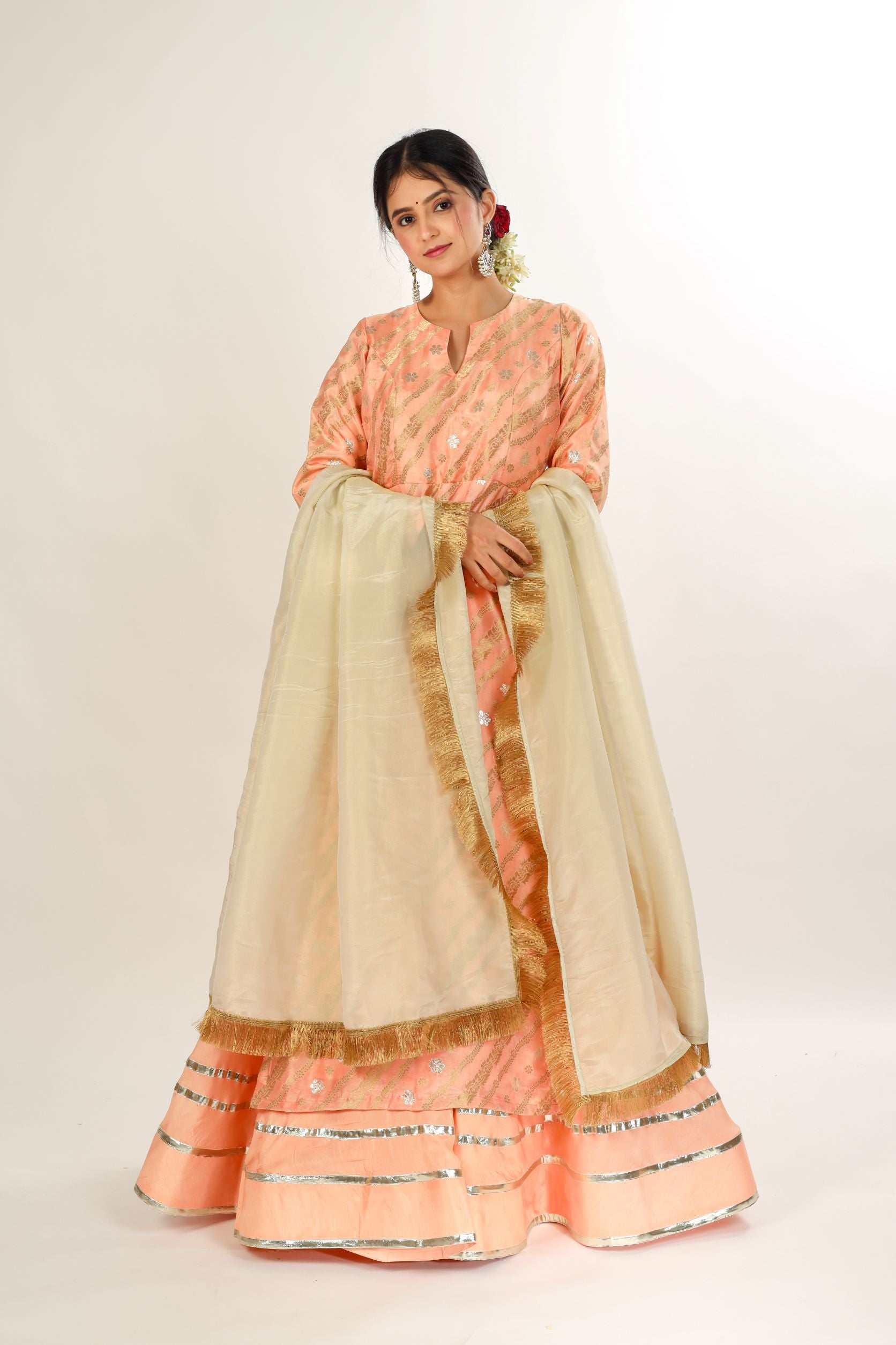 Peach Lehanga With Kurta And Dupatta Set