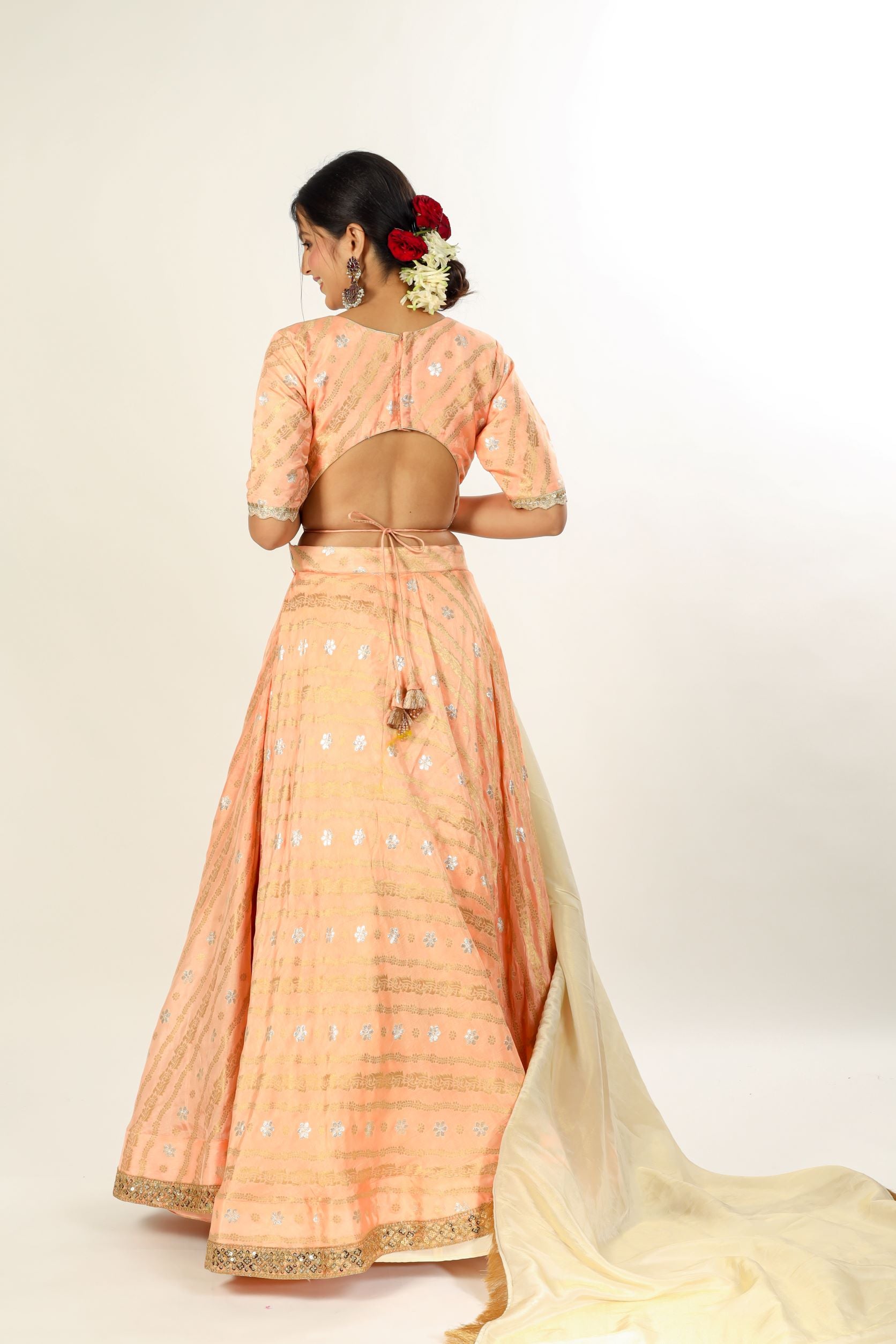 Peach Lehanga Choli With Organza Dupatta