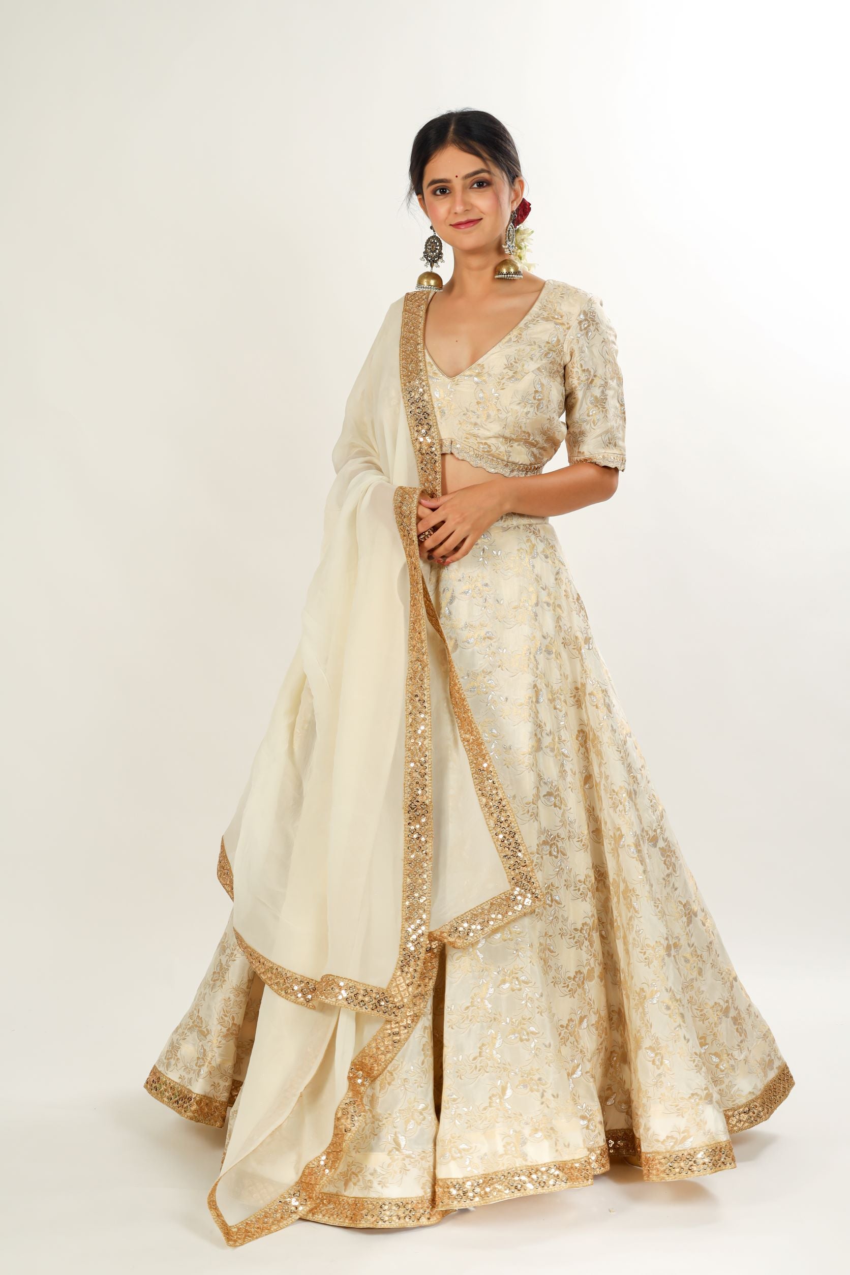 Ivory Gold Jamdani Silk Lehenga Set