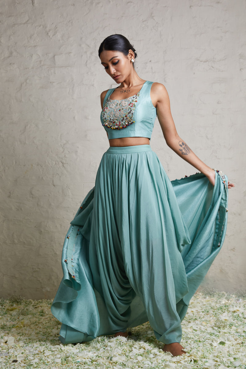 Silk Blouse With Silk Jacket And Crepe Dhoti