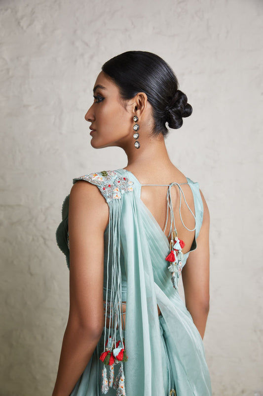 Silk Blouse With Organza Drape And Organza Sharara
