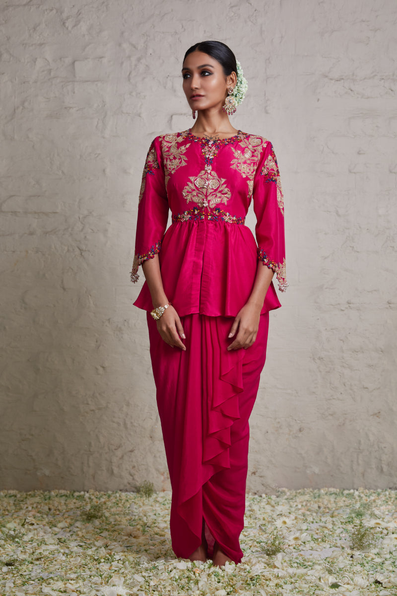 Silk Peplum Top With Crepe Dhoti