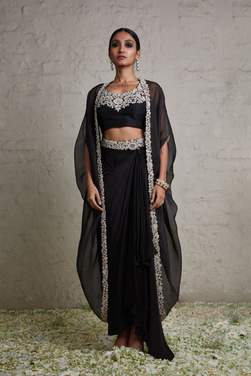 Silk Blouse With Organza Cape And Crepe Skirt