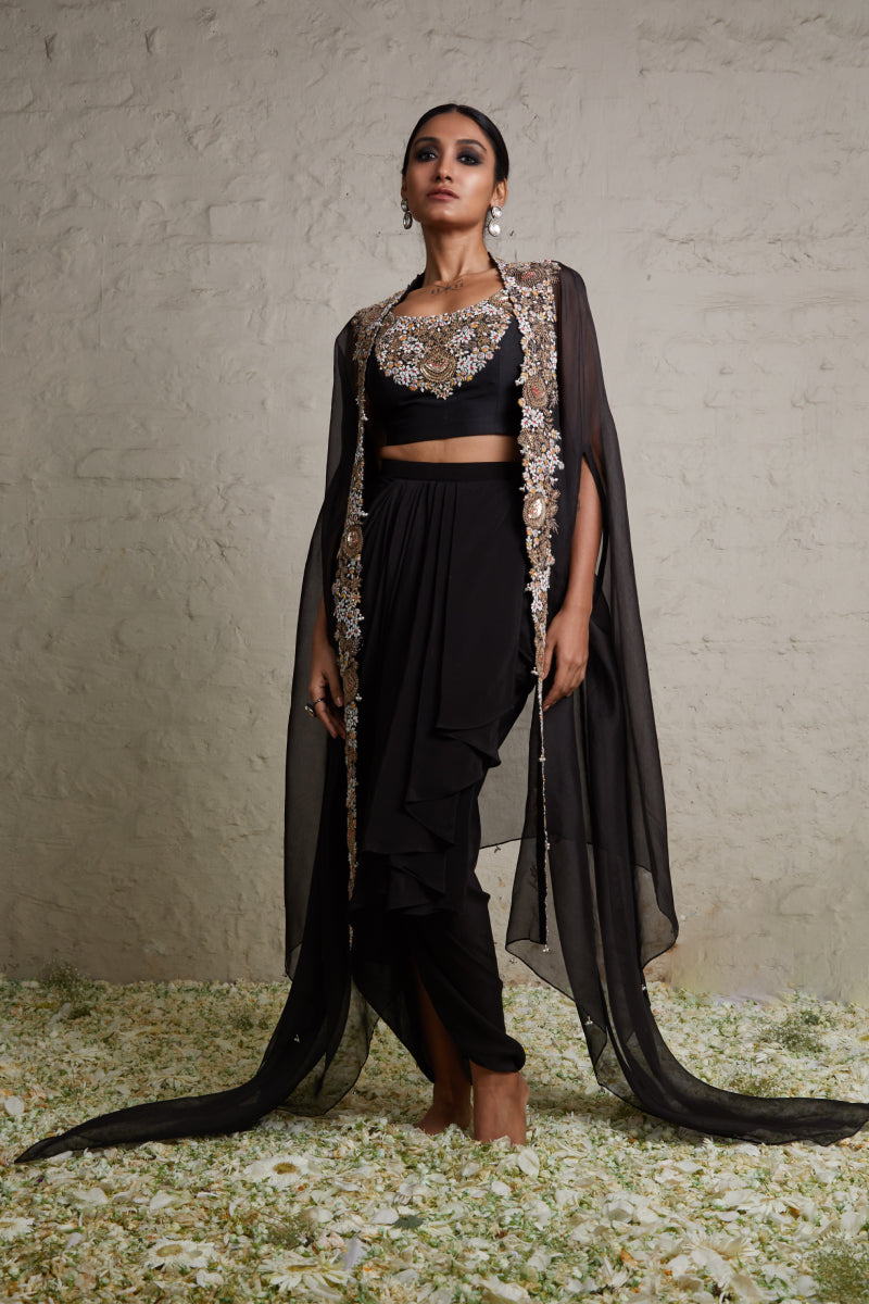 Silk Blouse With Organza Cape And Crepe Skirt