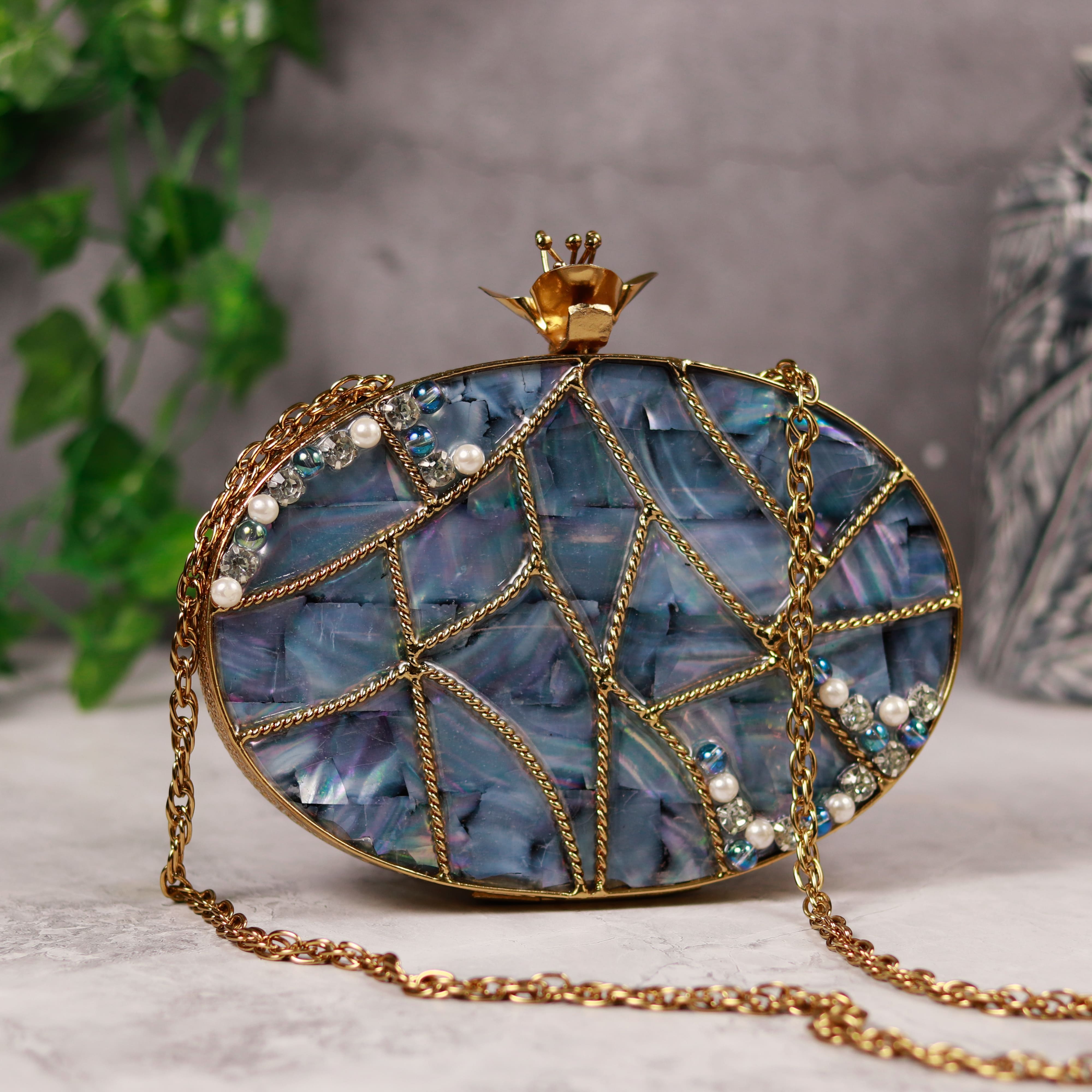 THE TAN CLAN Nargis Embellished Mother of Pearl Clutch