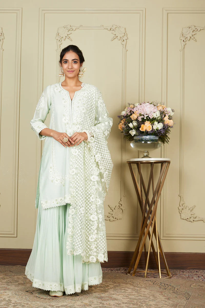 Nargis Frosty Green Short Kurta With Garara And Dupatta