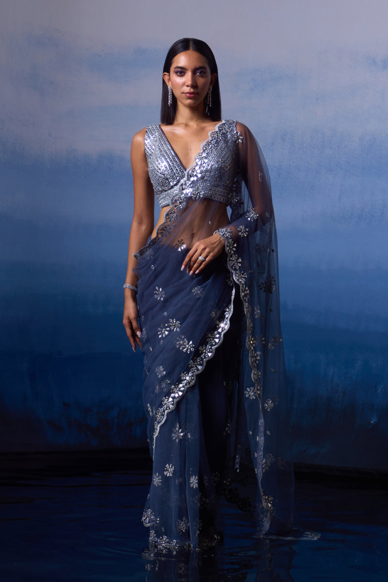 Grey Net Saree
