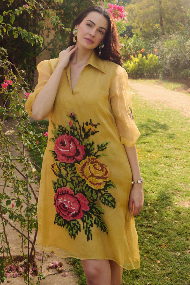 Mustard Organza Cross Stitch Dress