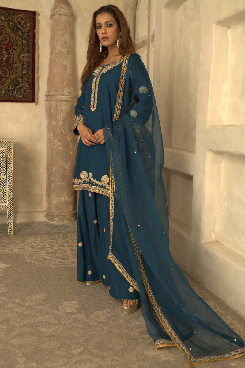 BLUE MUGHAL JAAL BEL SHARARA SET