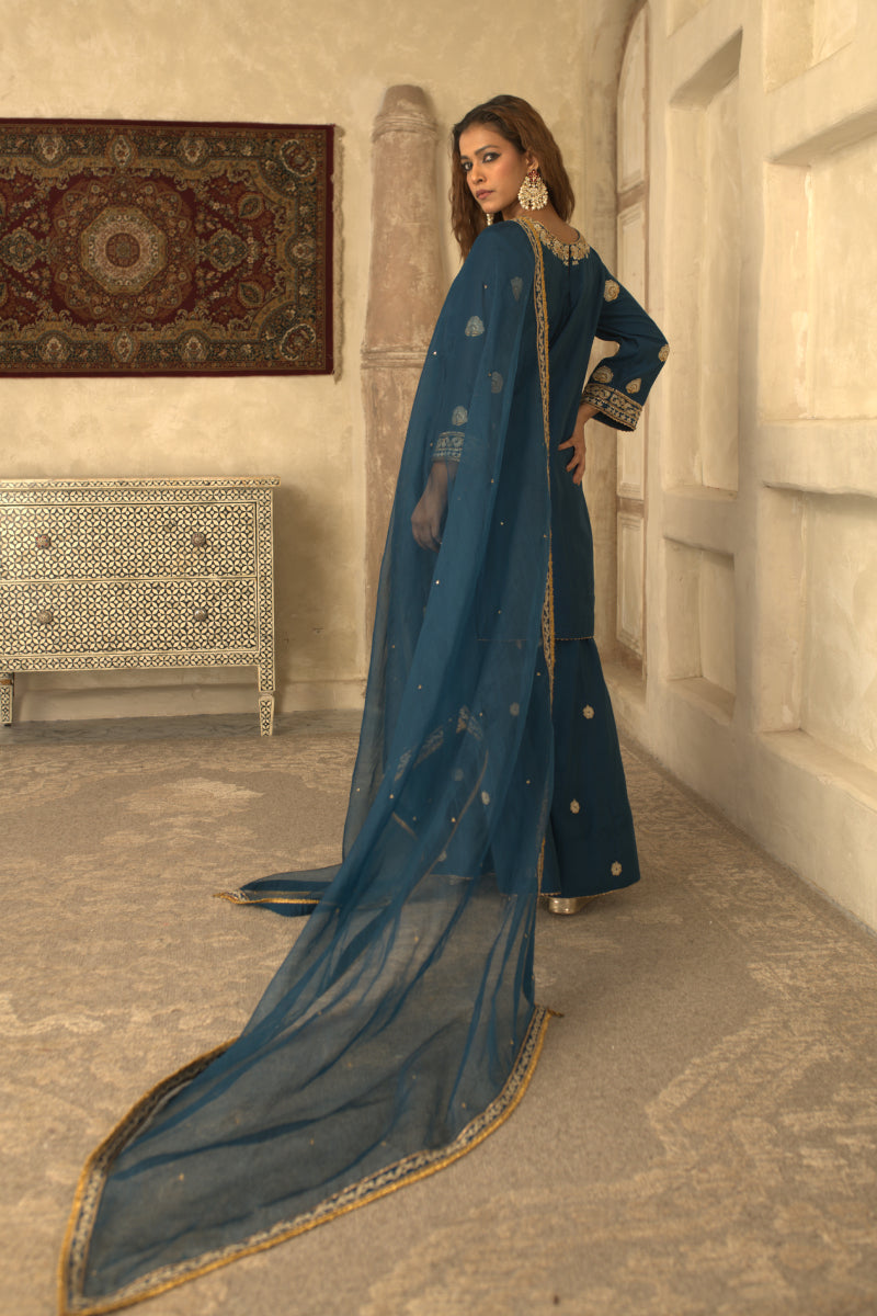 BLUE MUGHAL JAAL BEL SHARARA SET