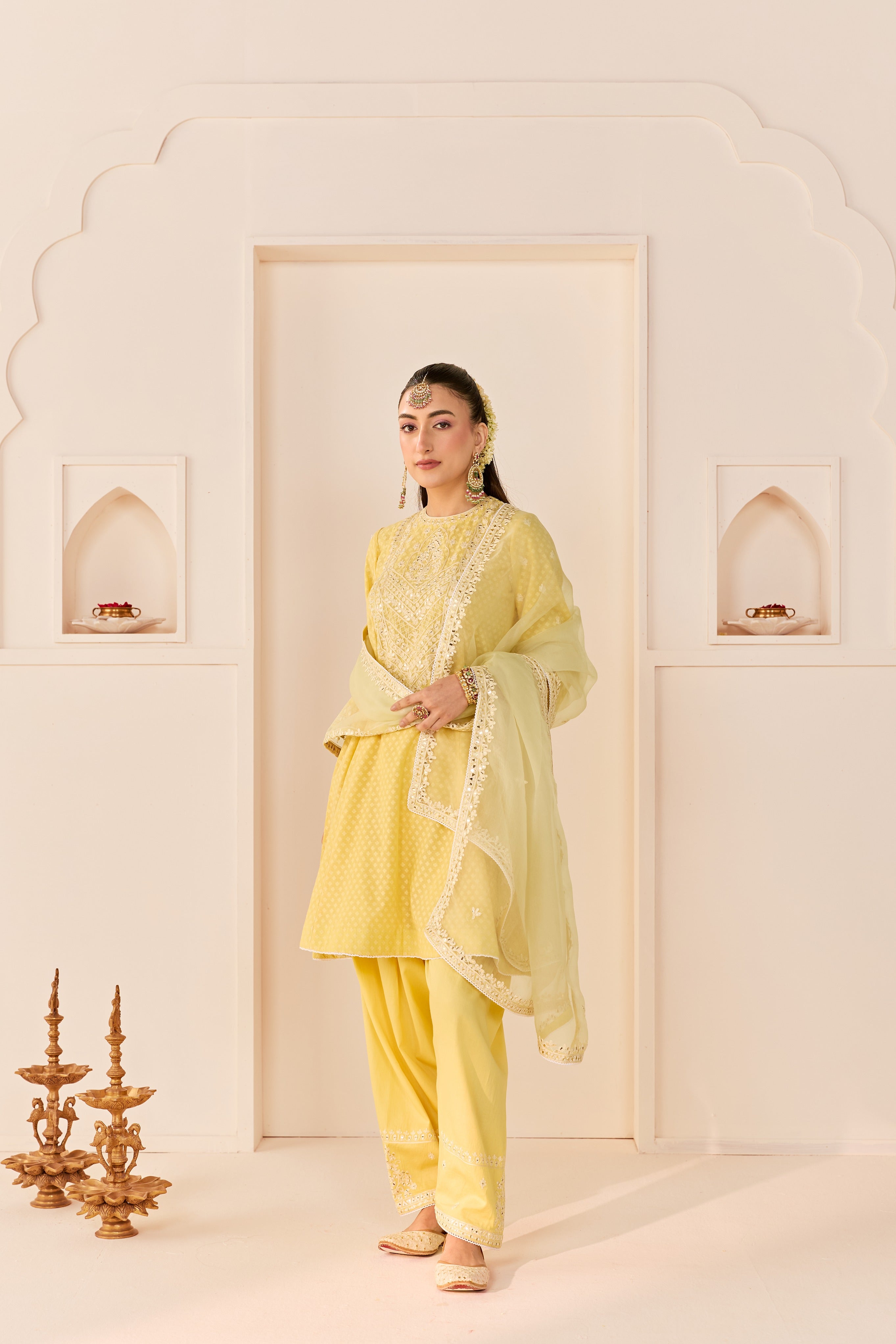NIDA - LEMON YELLOW SHORT CHOGA WITH FARSHI SALWAR AND DUPATTA
