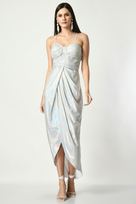 CELESTE - Corset Draped Dress in Mettalic Silver Color