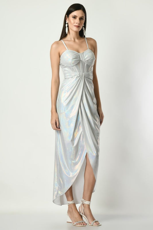CELESTE - Corset Draped Dress in Mettalic Silver Color