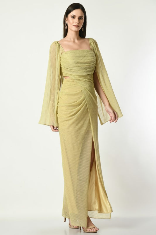 GOLDEN BLING RING - Cowl Draped Gown with Slit & Bag sleeves in Shimmering Golden Color