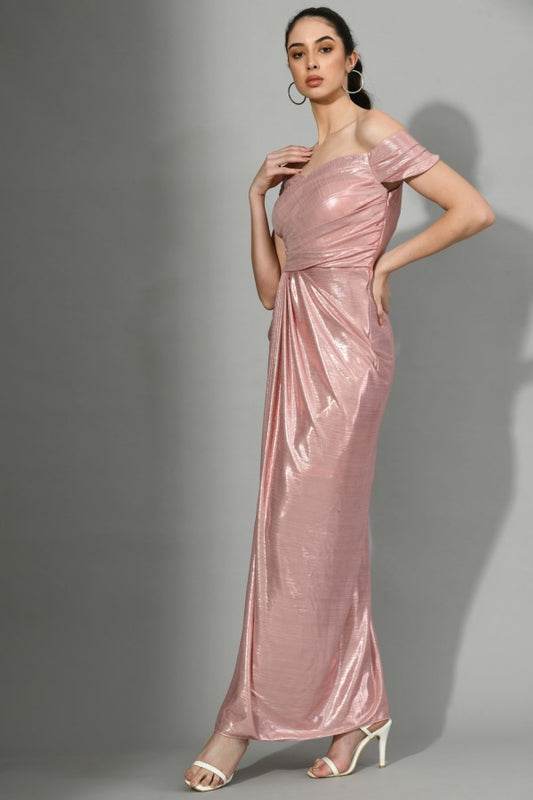 GLITZ N GLAM - Draped Gown with Slit in Mettalic Pink