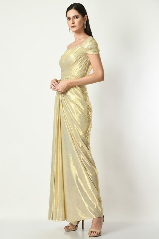 GOLDEN GLITZ N GLAM - off shoulder Draped gown in Golden Mettalic Color