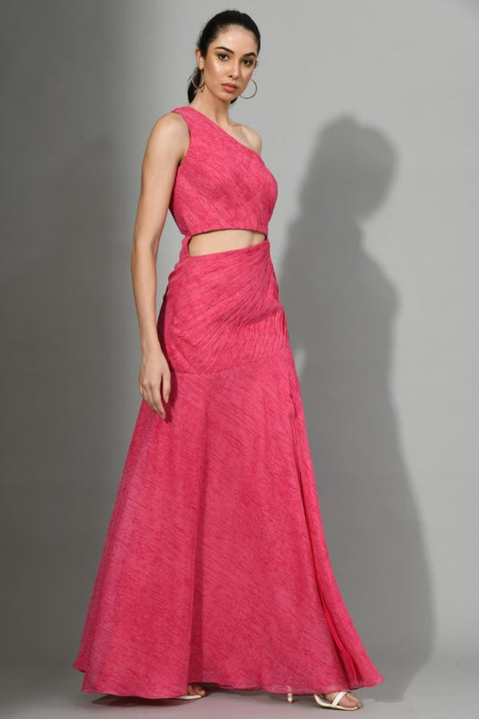 PINKED UP - Ruching Gown with side cuts and slit in Pink color
