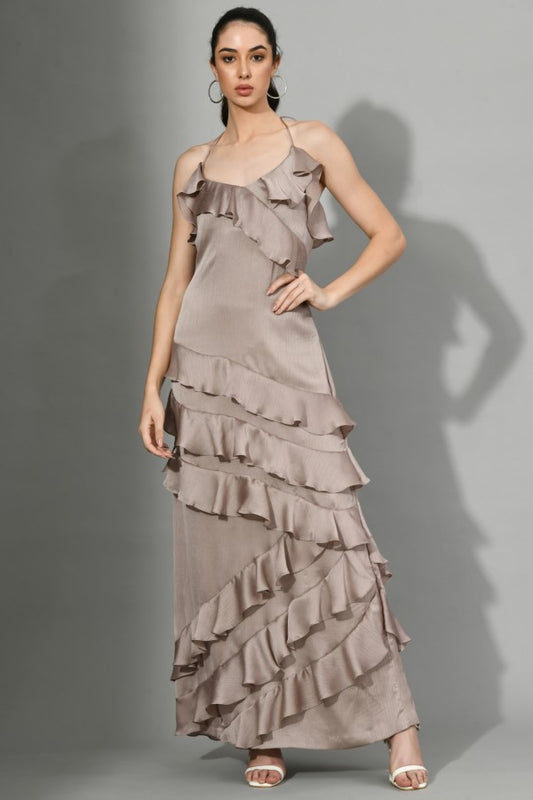 DUSKY ENTRANCE - Ruffle Dress in Brown Color