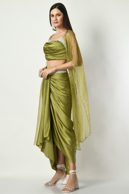 Draped Dhoti Skirt with Embroidered Belt and Cowl Blouse