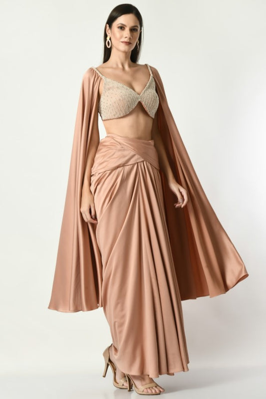 Drape Skirt with Pearl embroidered Blouse with open Cape Sleeves in Brown color