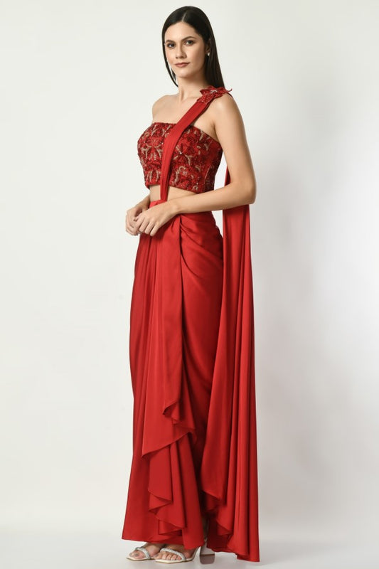 Draped Saree with offshoulder corset Embroidered Blouse