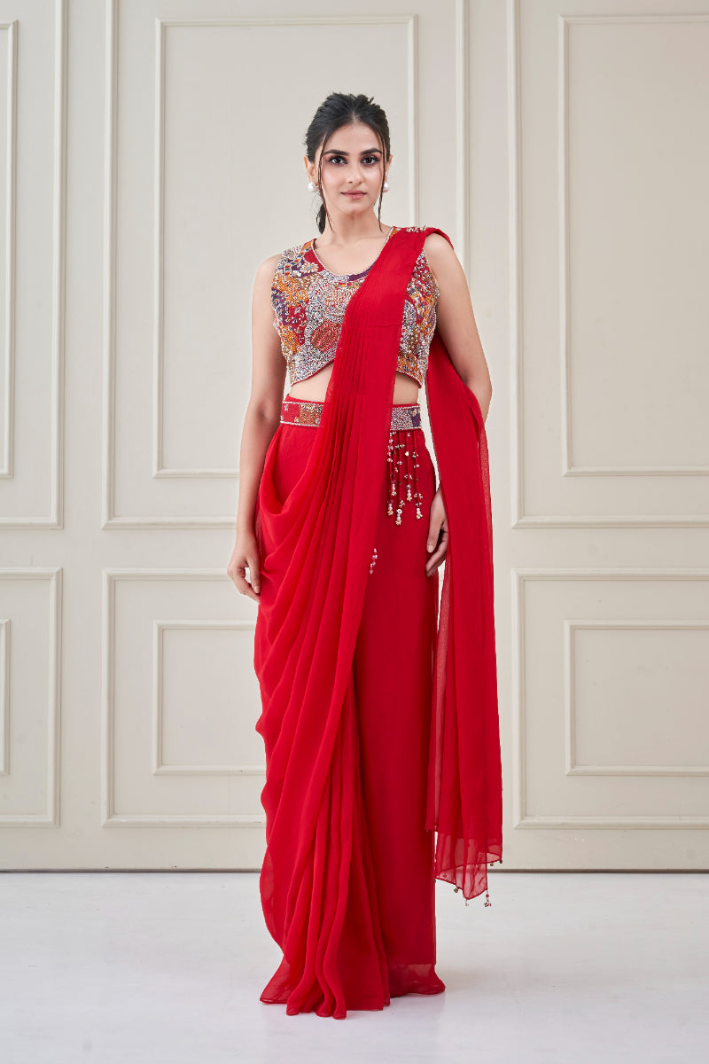 Red Heer Pre draped Saree Set